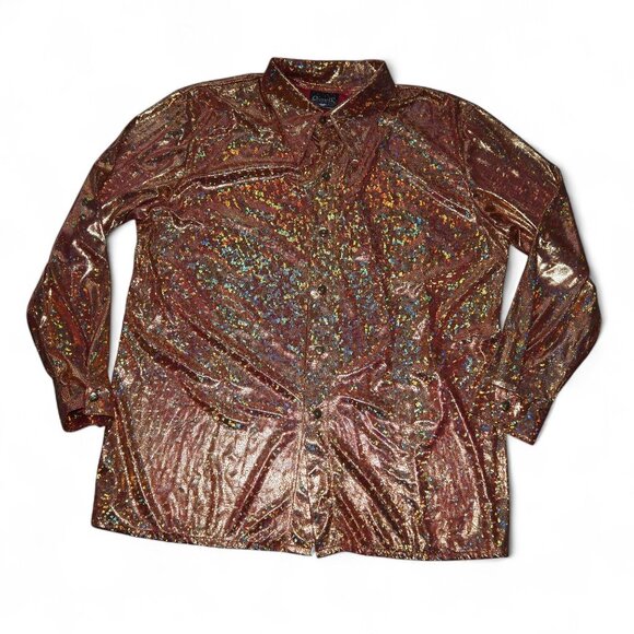 Charades Men's XL Vintage Metallic Foil Psychedelic Animal Print Disco Button Up - Picture 1 of 9